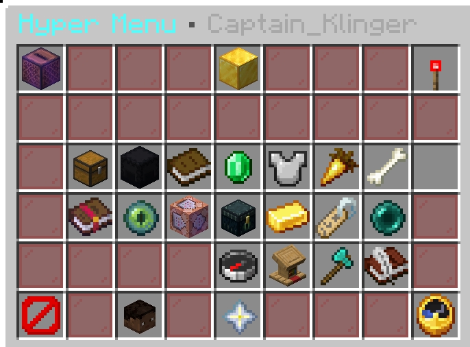 Hyper Menu in-game GUI showing server options (vote, store, economy, warps, kits, pets, and more)