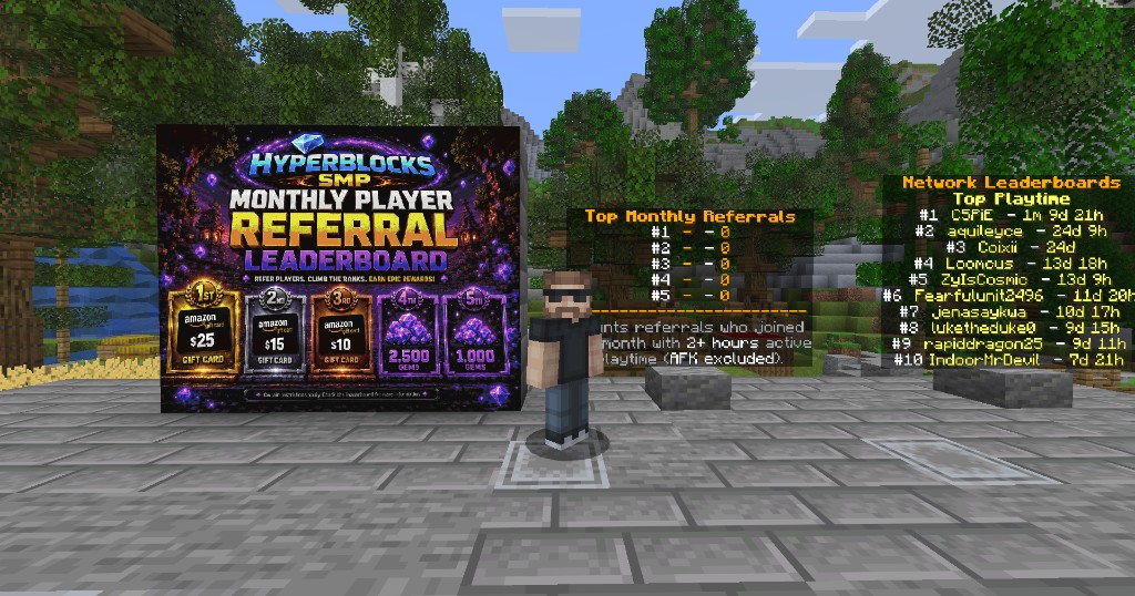 Monthly Referral Leaderboard hub in-game โ prize billboard and live rankings