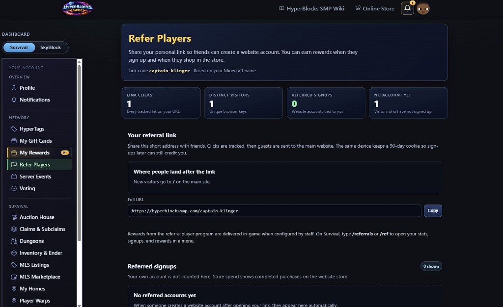 Refer Players dashboard on HyperBlocksSMP.com โ your link, stats, and signups