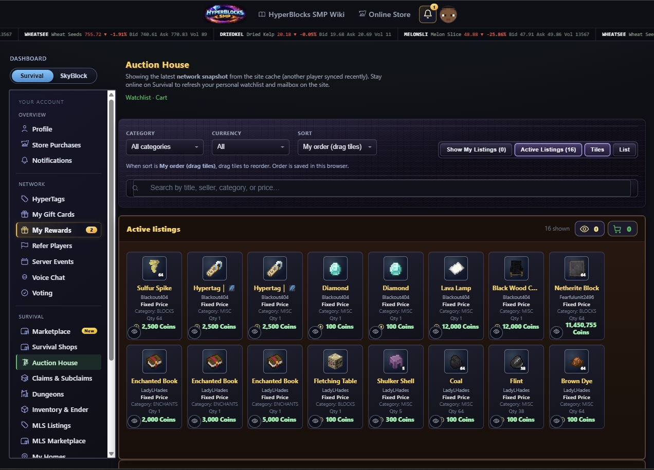 Auction House listings with filters and item tiles.