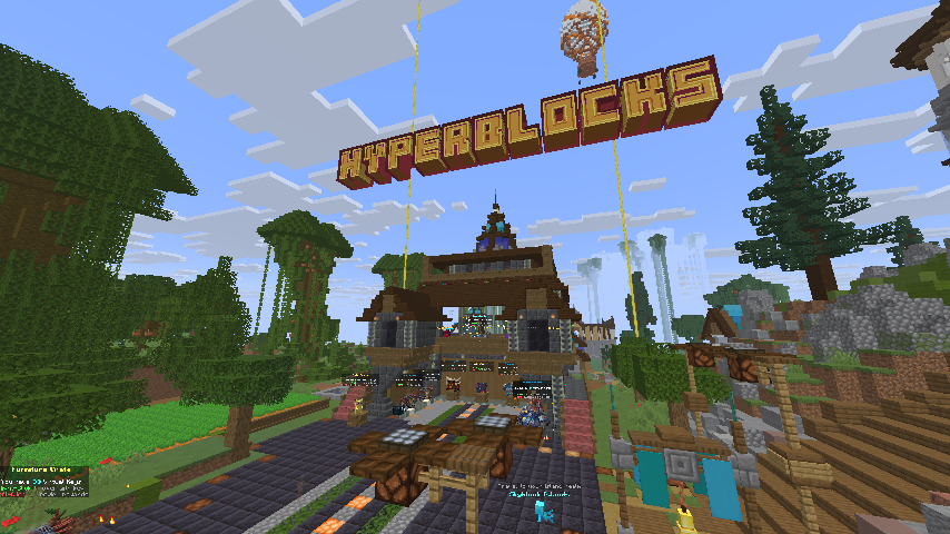 Survival hub with a floating HYPERBLOCKS sign over the spawn building.
