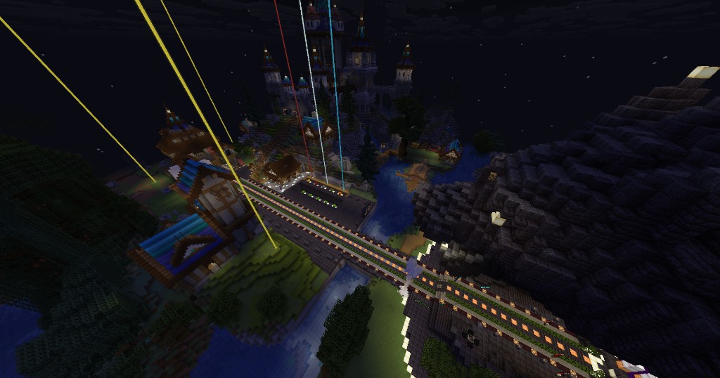 Survival spawn castle and village at night with beacon beams.