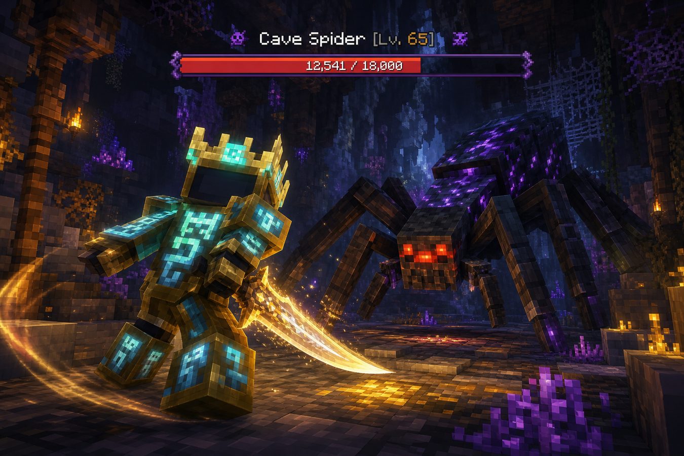 A Player in Glowing Elite Armor Facing a Cave Spider Elite with a Huge Health Bar in a Dark Survival Cave